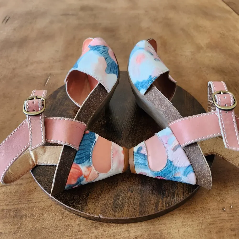 L'Artiste Spring Step Mauri Floral Sandals 37 Warm Orange Leather Hand Painted - Picture 14 of 16